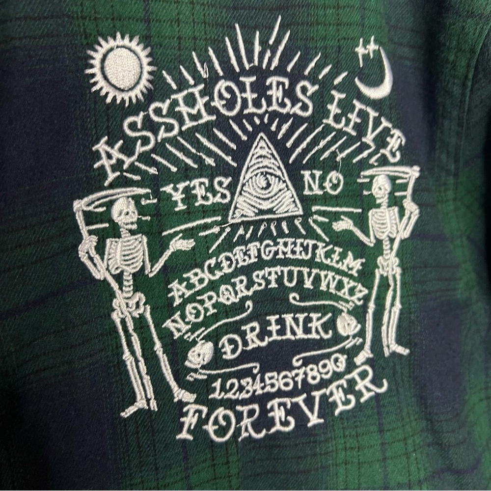 A**Holes Live Forever Green Blue Plaid Long Sleeve Mens Embroidered Shirt XXXL - Picture 6 of 10